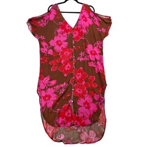 Cabi Tahitian Cover Up Floral Cold Shoulder Button Front Kaftan Dress‎ XS S
